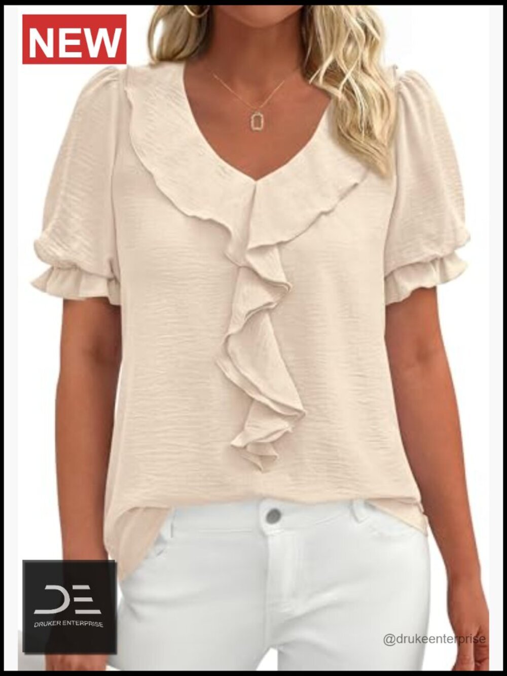 V Neck Ruffle Top, Puff Sleeve Blouse, Short Sleeve, Lightweight - Picture 3 of 7